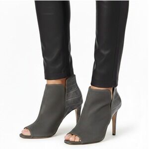 Sigerson Morrison Heeled Booties Womens 8.5 Gray Suede Croc Embossed Peep Toe